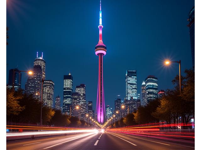 CN Tower illuminated at night, standing tall within Toronto's vibrant cityscape, signifying its presence in popular culture and events.