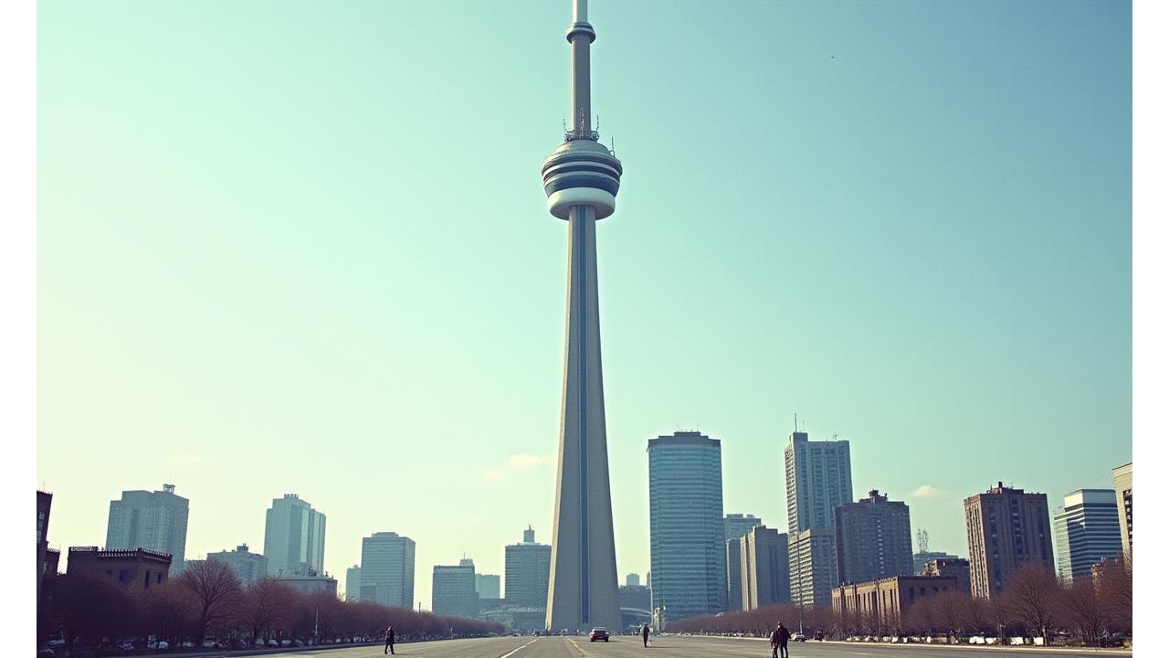 Archival photo of CN Tower under construction against a historical Toronto skyline