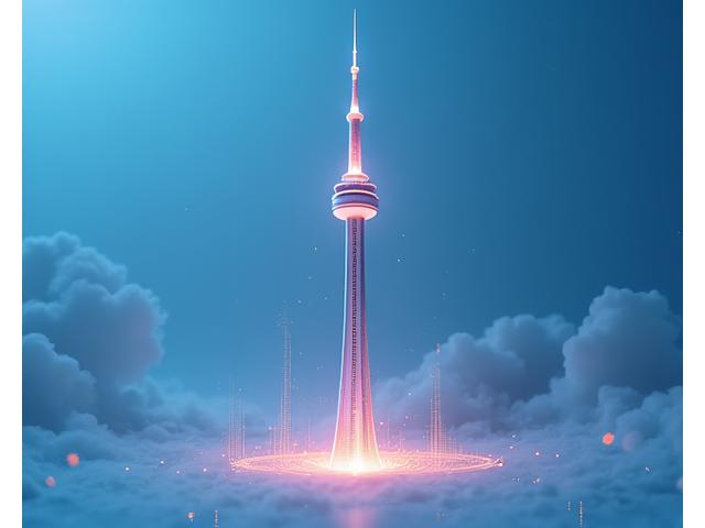Modern render of the CN Tower with light trails symbolizing technological advancement and future vision.