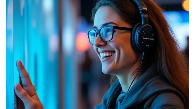 A smiling visually impaired visitor using an audio guide to explore an exhibit at the CN Tower, with clear headphones and a content expression.