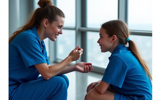 A friendly CN Tower staff member engaging with a young visitor, using clear and simple visual communication cues, in a calm, inviting environment.