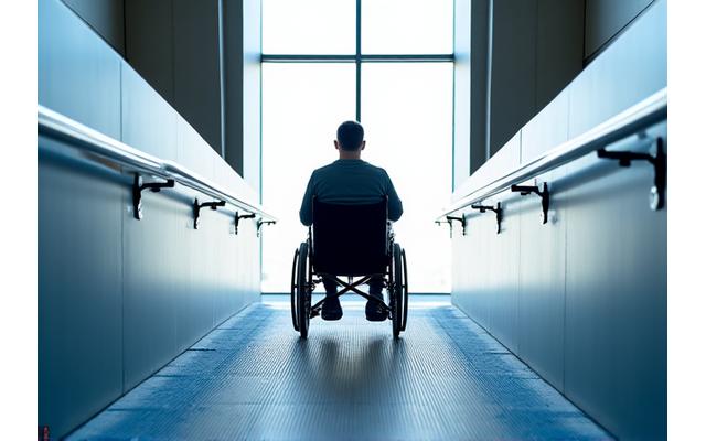 A person in a wheelchair easily navigating a spacious, modern ramp inside a building, symbolic of the CN Tower's commitment to accessibility.