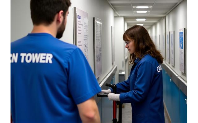 An attendant gently securing a walker in a designated storage area, with a clean, well-lit hallway in the background at CN Tower.