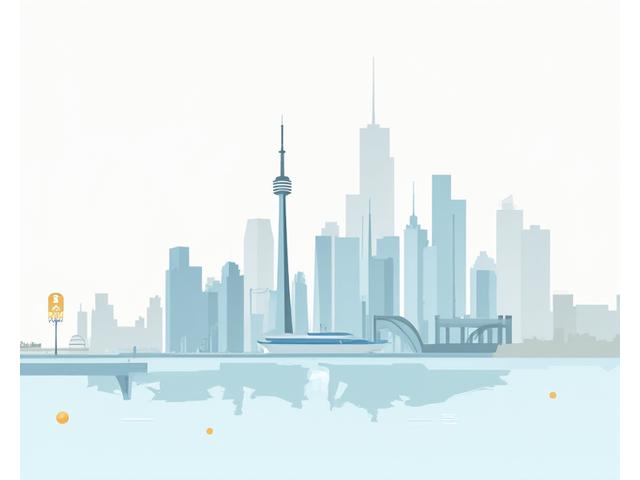 Stylized map of downtown Toronto showing the CN Tower, Union Station, and major roads, with transit lines highlighted