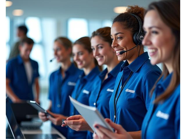 Friendly, diverse group of CN Tower visitor services team members smiling and assisting guests in a welcoming, modern office setting