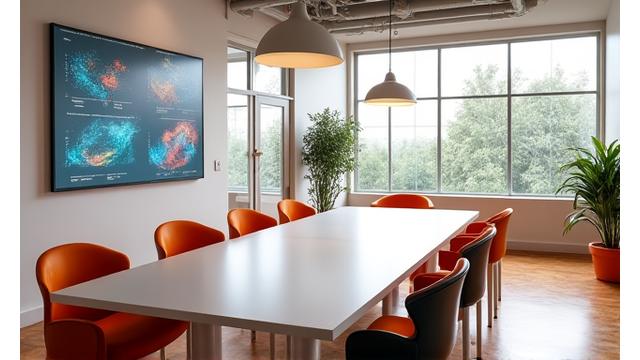 A bright, modern collaborative workspace with a large communal table and whiteboards.