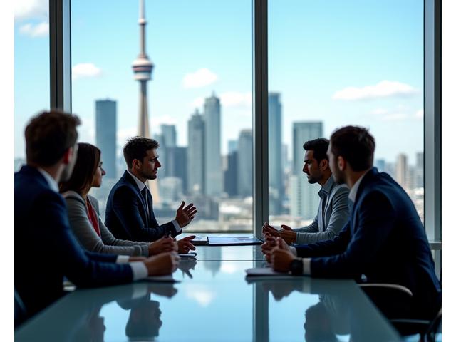 A corporate team collaborating in a modern meeting room with large windows overlooking a city skyline.