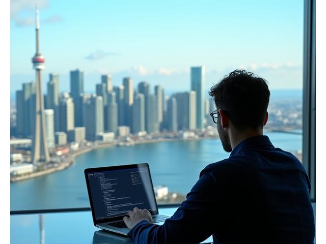 A person working on a laptop with the expansive Toronto city views as a backdrop, conveying inspiration and productivity.