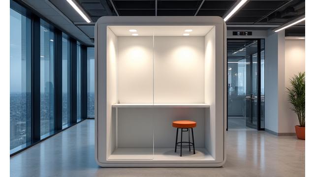 Soundproof phone booths for private calls, inside a modern office.