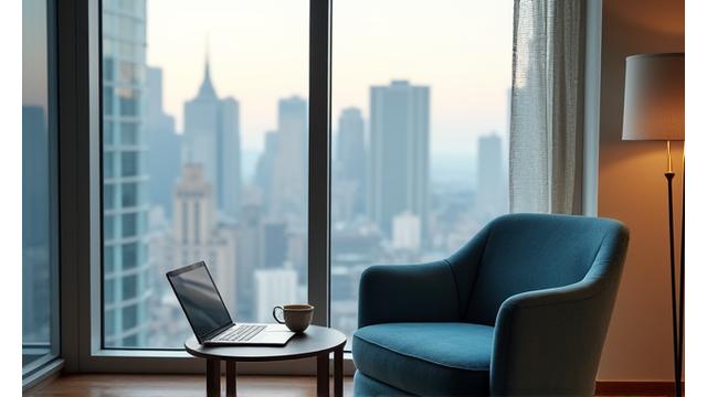 A serene quiet focus area with a comfortable armchair and a small table, overlooking city views.