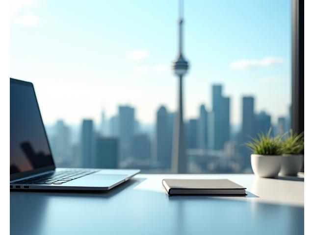 A modern workstation with a laptop overlooking the panoramic Toronto skyline from the CN Tower's observation deck.