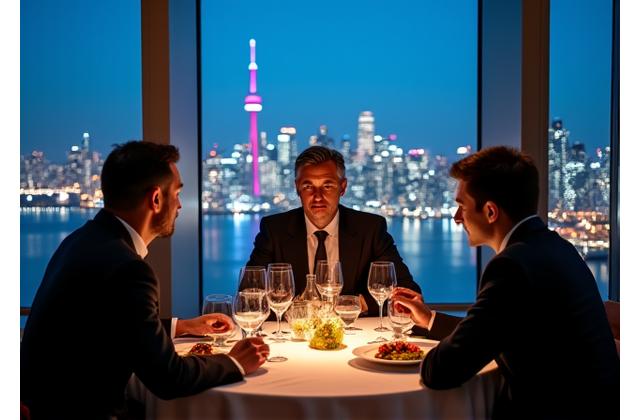 Business professionals dining at 360 Restaurant with city view