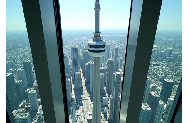 Glass elevator ascending CN Tower with city view