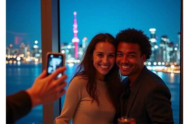 Guests taking a photo with the Toronto skyline in the background