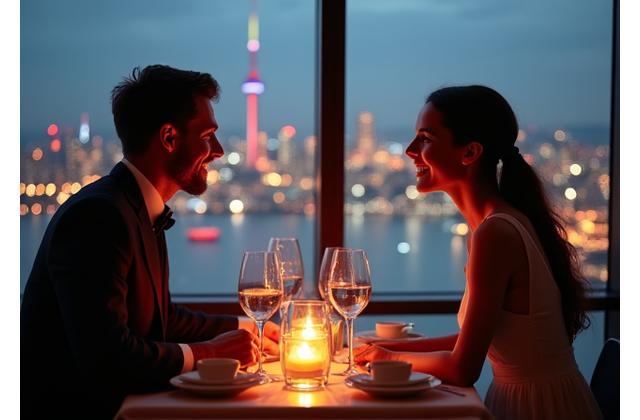 Couple enjoying a romantic dinner with city lights