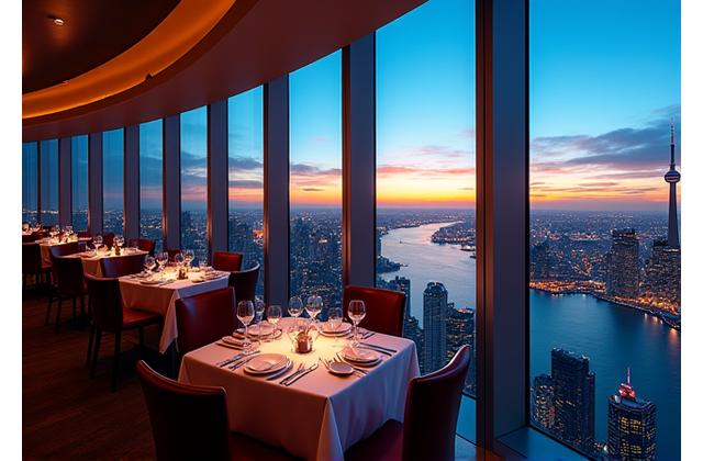 Panoramic view of Toronto from 360 Restaurant at dusk