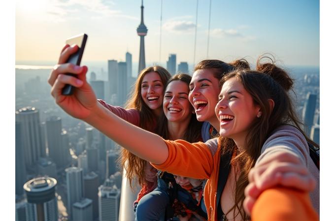 Friends celebrating a birthday on the EdgeWalk