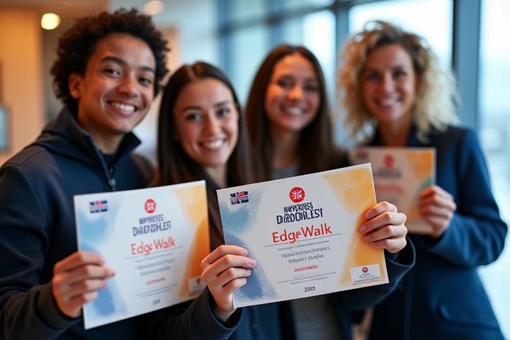 Happy EdgeWalk participants celebrating with certificates