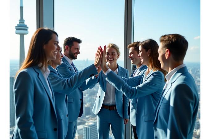 Group of colleagues celebrating after completing EdgeWalk