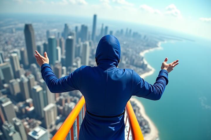 First-person view of someone walking on the EdgeWalk, overlooking Toronto skyline