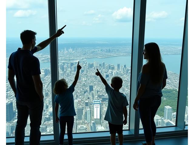 A family pointing out landmarks from the CN Tower's observation deck, using a large map overlay to identify geographical features below.