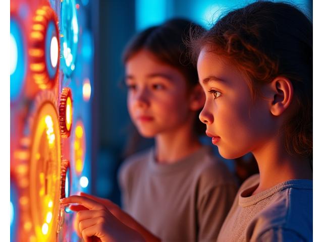 Children engaging with an interactive STEM exhibit on engineering concepts at the CN Tower, featuring gears and levers, looking excited.