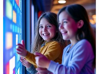 Two children, around ages 8-10, excitedly pressing buttons and interacting with a digital exhibit, their faces lit up with discovery.