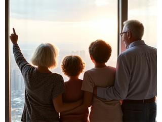 A diverse family, including grandparents, parents, and children, laughing and enjoying the panoramic view from the CN Tower's observation deck, pointing at sights.