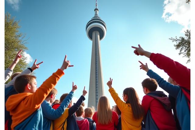 A diverse group of school children looking up excitedly at the CN Tower, with their teacher guiding them, representing a school trip.