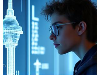 A teenager thoughtfully examining a complex architectural model or engineering display within the CN Tower, with an awe-inspired expression.