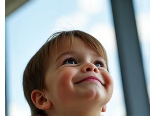 A curious toddler looking up in amazement at the tall structures inside the CN Tower, illuminated by soft light.