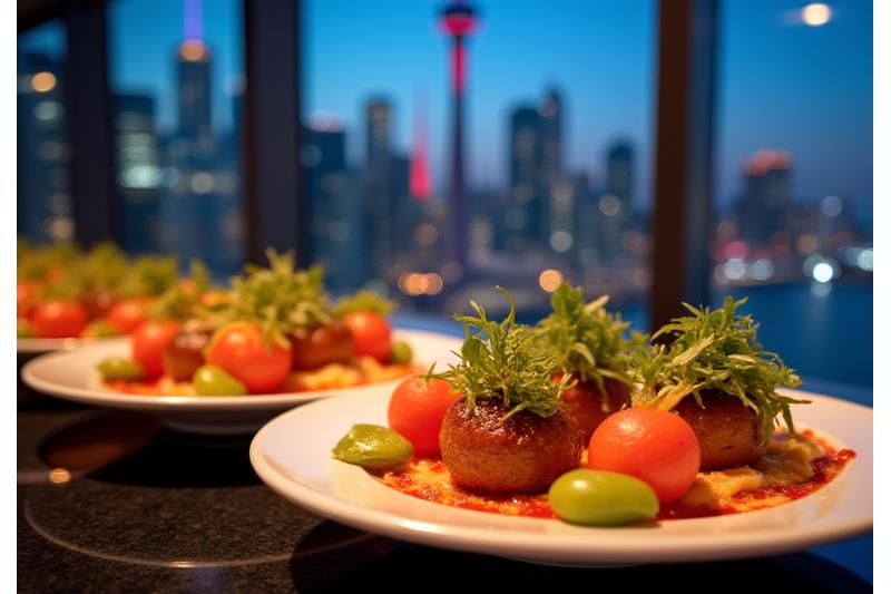 Exquisite gourmet food display at a lavish event, with Toronto skyline in the background, showcasing premium catering.