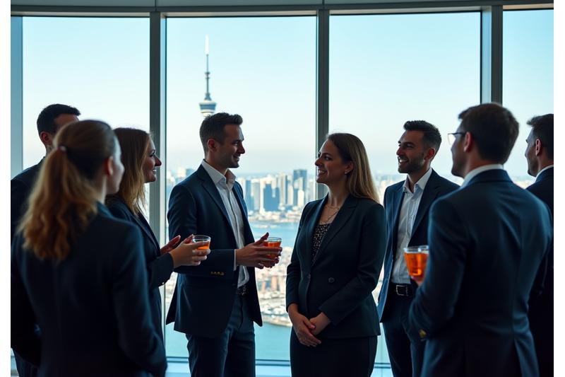 Business professionals networking at a corporate event in a modern, light-filled space with a stunning Toronto skyline view.