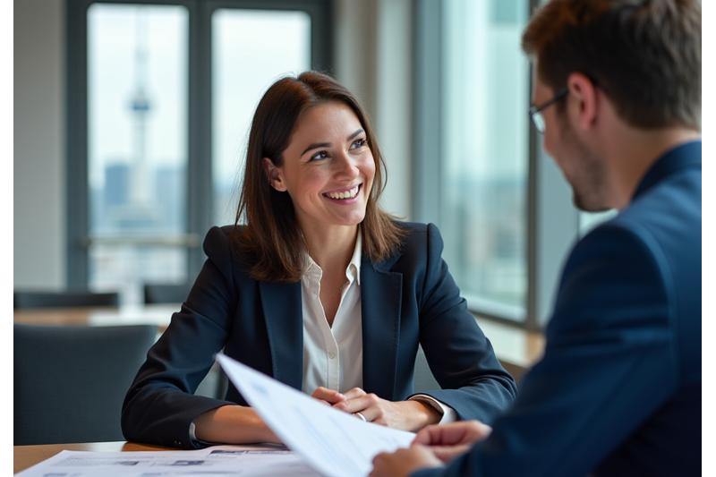 Professional event planner smiling and consulting with a client, surrounded by event plans and a laptop, emphasizing meticulous coordination.