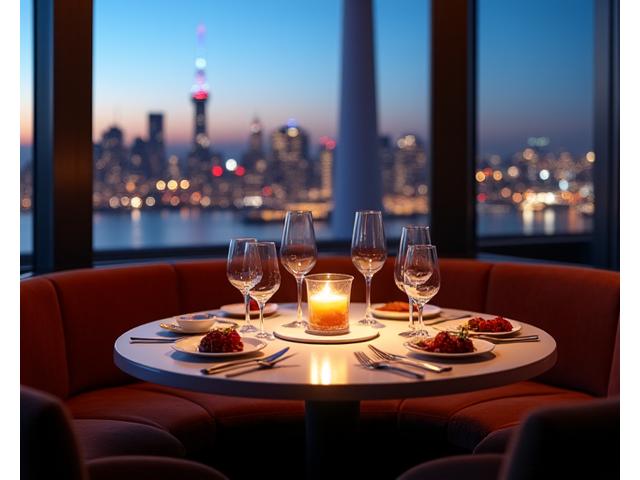 Private dining area within 360 Restaurant at CN Tower with an intimate circular table and incredible rotating city views.