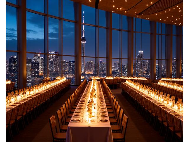 Elegant North Wing event space at CN Tower, set up for a gala dinner, with city lights visible outside.