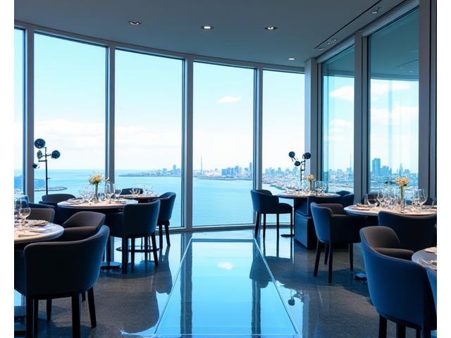 Modern SkyWalk Level venue at CN Tower with sleek furniture and panoramic windows overlooking Lake Ontario, suitable for a corporate event.