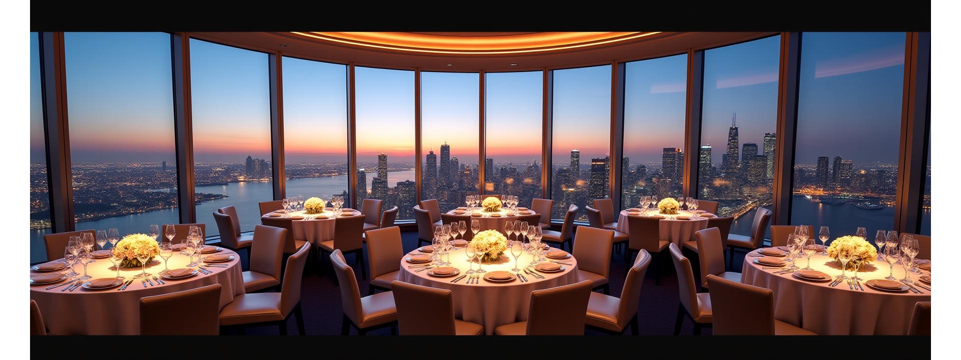 Breathtaking view of Toronto skyline from CN Tower's top observation deck at sunset, with a beautifully set table for a private event.