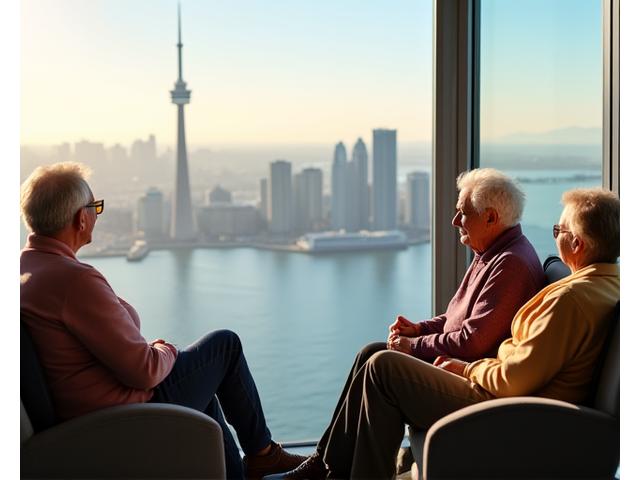 Senior citizens enjoying the panoramic view from the CN Tower, comfortably seated and chatting.