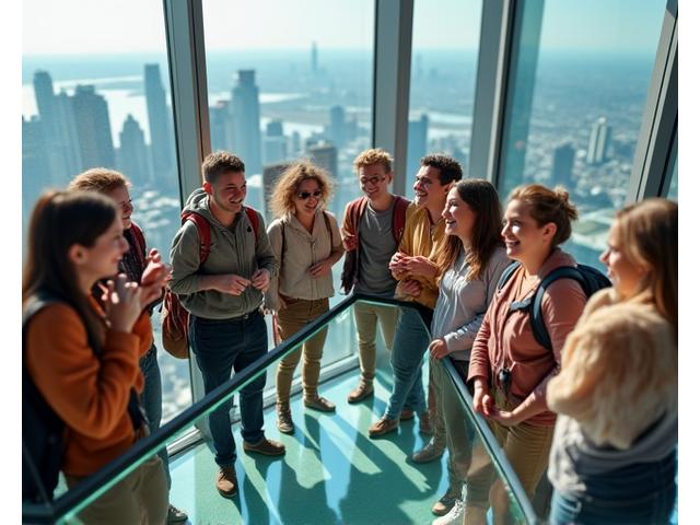 Diverse group of tourists smiling and taking photos from the CN Tower's glass floor attraction.