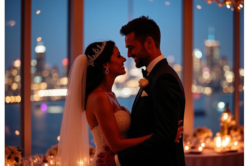 Bride and groom celebrating their wedding in an elegant CN Tower venue, with city lights twinkling outside a large window.