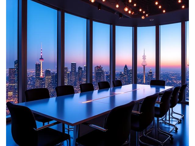 Corporate event setup with city view