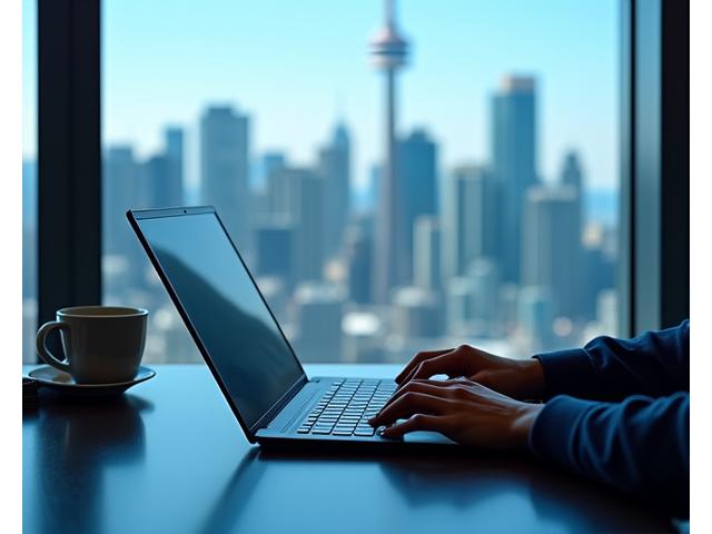 Person using laptop at CN Tower with city view