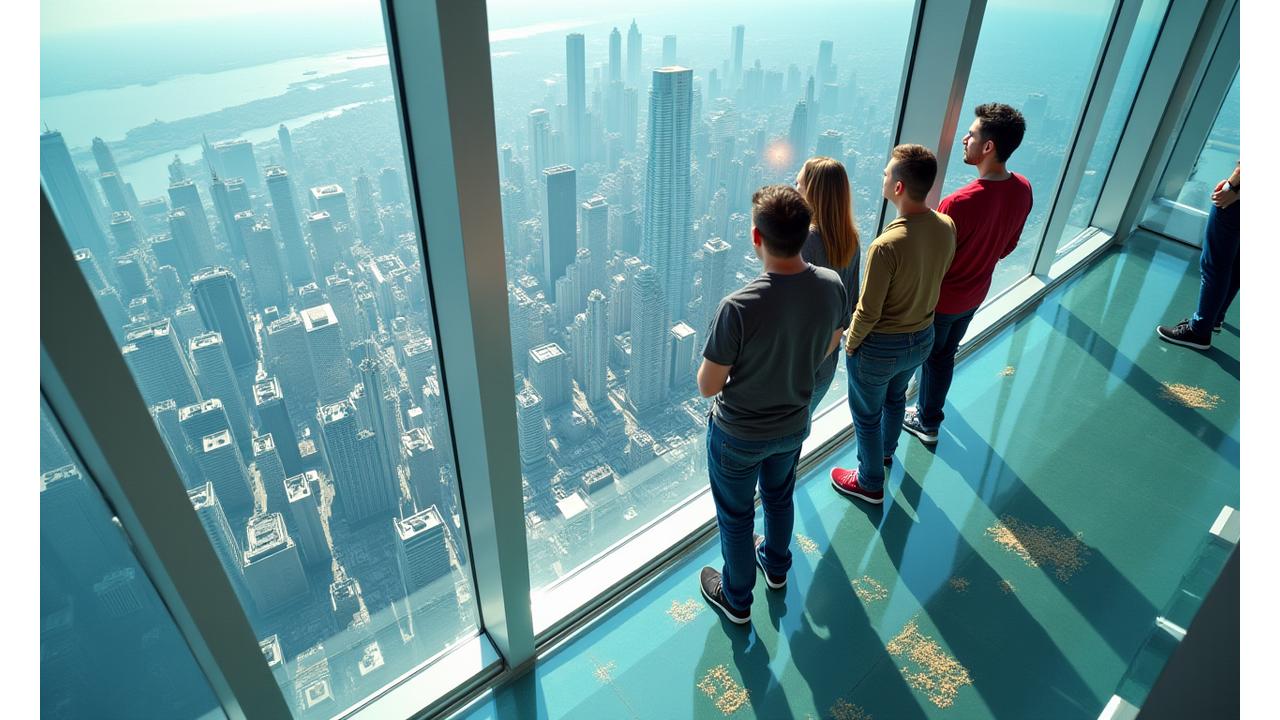 Visitors standing on the CN Tower's Glass Floor looking down at miniature city below