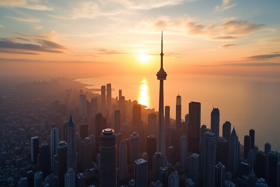 Stunning golden hour panoramic view of Toronto from the CN Tower