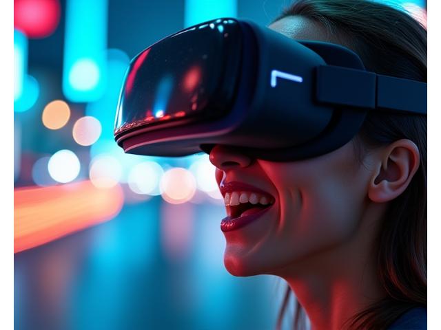 Person wearing a VR headset, experiencing a virtual cityscape