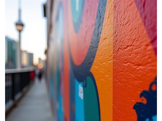 Detail of a vibrant mural near the CN Tower base, part of a local artist collaboration.