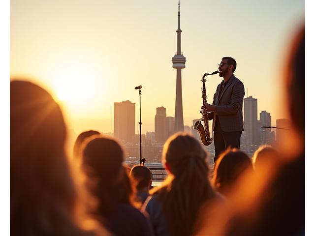 A musician performing live on an outdoor stage with the Toronto skyline in the background, including the CN Tower.