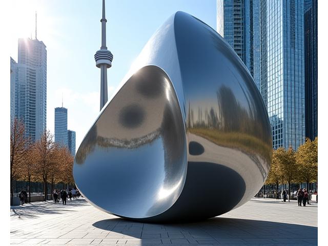 A modern abstract sculpture on display in a public space, reflecting lines of the CN Tower.