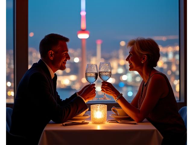 Couple toasting champagne at 360 Restaurant, celebrating an anniversary with Toronto skyline below.